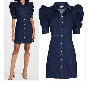 Frame Denim Dress Womens XS Blue Puff Sleeve‎ Button Front GIDR029 Grapewood NWT